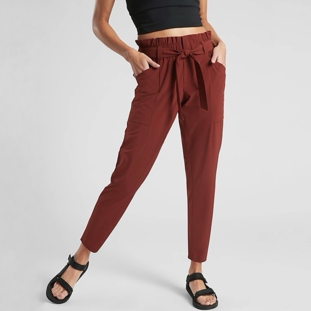 Athleta Skyline Featherweight Belted Paper Bag Tapered Pant Dried Cinnamon 4